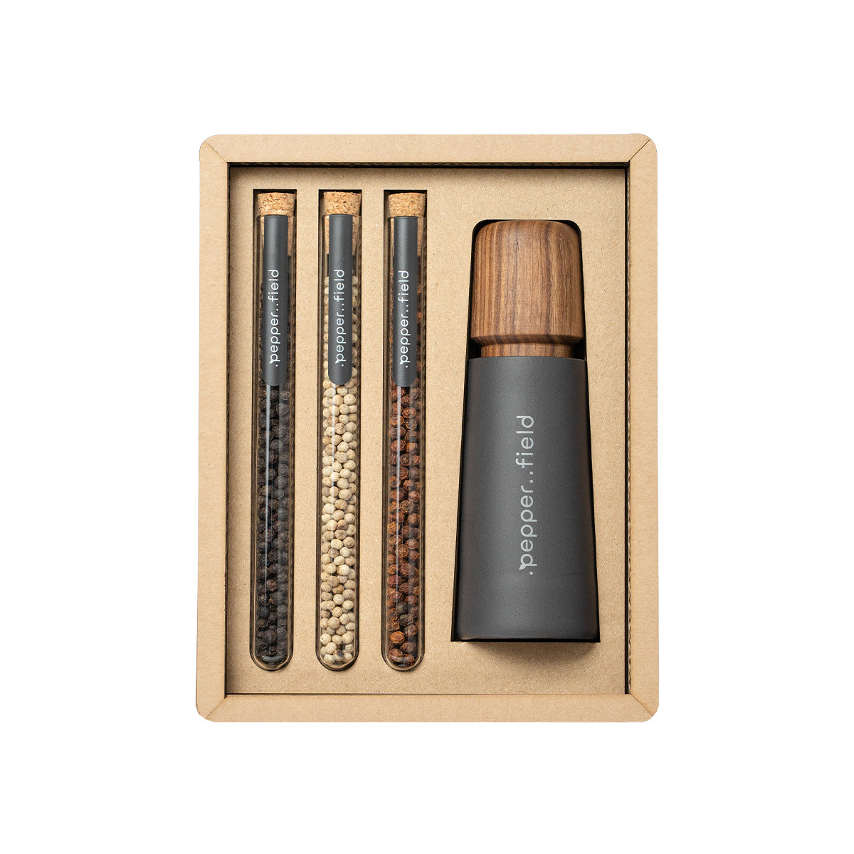 Scandinavian grinder with a set of tube with Kampot m pepper in a gift cardboard box (3x10g)